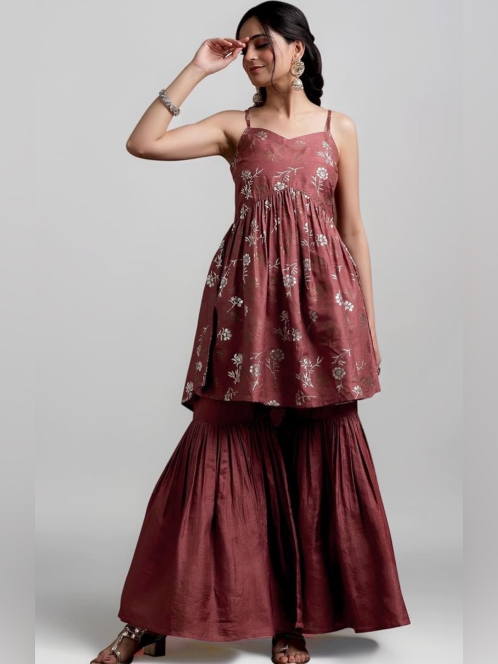Indya Women's Rust Copper Floral 2-Piece
Sharara Suit Wide Leg Tiered NWT Sz M